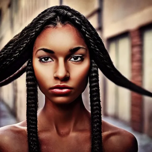 Prompt: photo of beautifull europian woman with big braids by steve mccurry created at contemporary in 4 k ultra high resolution and with ultra wide angle, with inspiring feeling