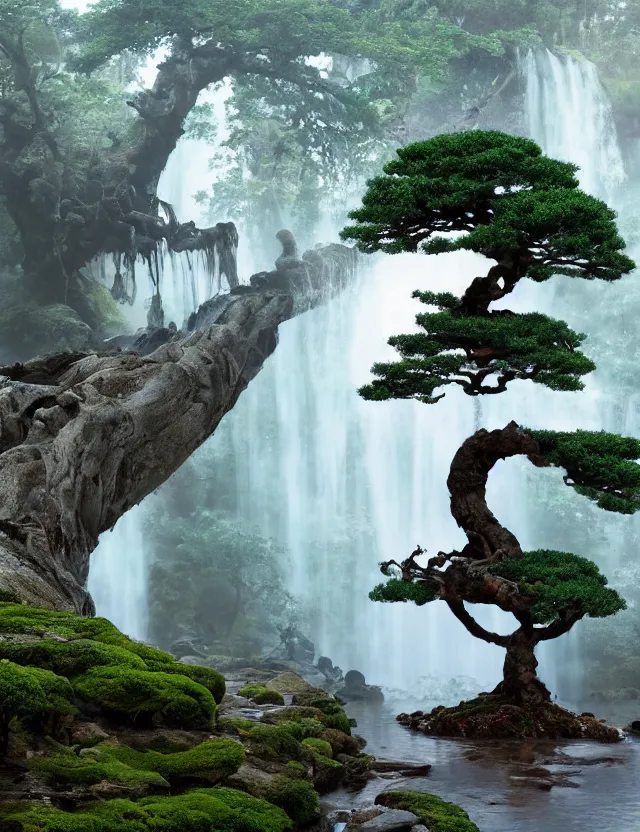 Prompt: a bonsai shaped epic ancient tree with buttressed roots rising above a cairn with waterfalls and rivulets of water running down into an underground lake at dawn by james jean by pascal blanche, at dawn, volumetric light, spirals, recursion