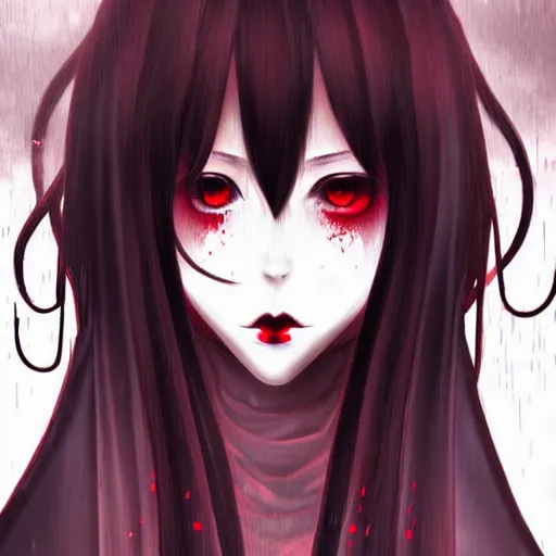 Prompt: beautiful seductive female ghost, in the rain, highly detailed, painting, dark red and black color palette, intricate, high quality anime artstyle, in the style of sana takeda