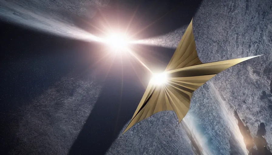 Image similar to solar sail infront of sun, in space, earth visible below, octane render, dramatic