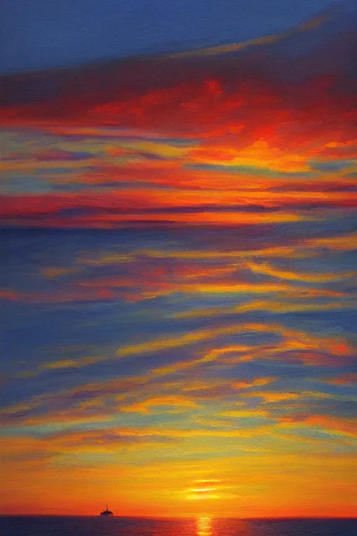 Prompt: beautiful sunset over the ocean, clear sharp oil paint highly detailed ethereal, by trending on artstation