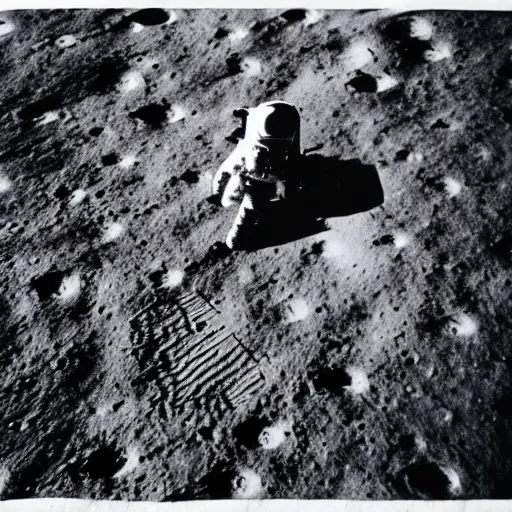 Image similar to the moon landing on a russet potato, black and white, film grain, light bleed