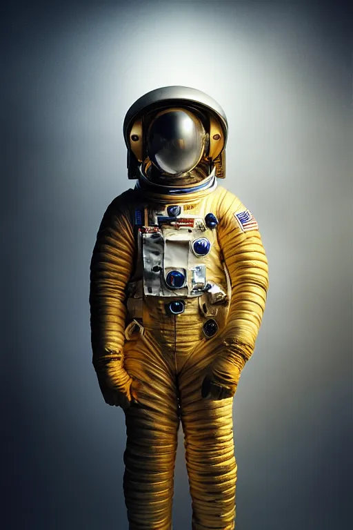 Image similar to extremely detailed studio portrait of space astronaut, helmet under arm, full body, soft light, golden glow, award winning photo by michal karcz and yoshitaka amano