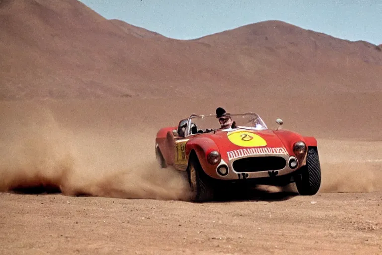 Image similar to 1 9 5 5 ferarri testarossa, mid - 7 0 s dakar rally footage, speed