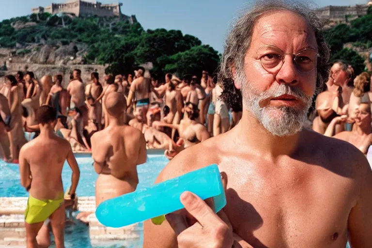 Prompt: Socrates eating a translucent turquoise hemlock popsicle at the last pool party he will ever attend, he is comforted by his disciples, large cloud of fire engulfs him, the acropolis can be seen in the background, in the style of Martin Parr The Last Resort, ring flash closeup photograph