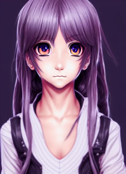 Digital art of a scared anime girl with purple eyes