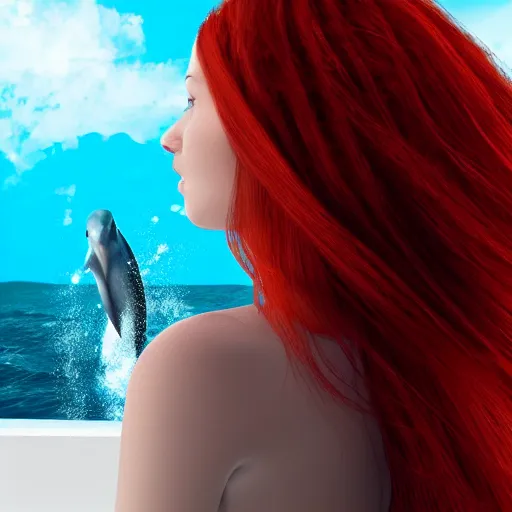 Image similar to a hyper realistic image of a very beautiful red haired girl standing near a window, she is facing the camera, a dolphin is swimming in the sky