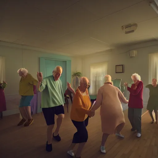 Image similar to photography of old people raving in retirement home by Alexis Dibiasio Rendered in VRAY.