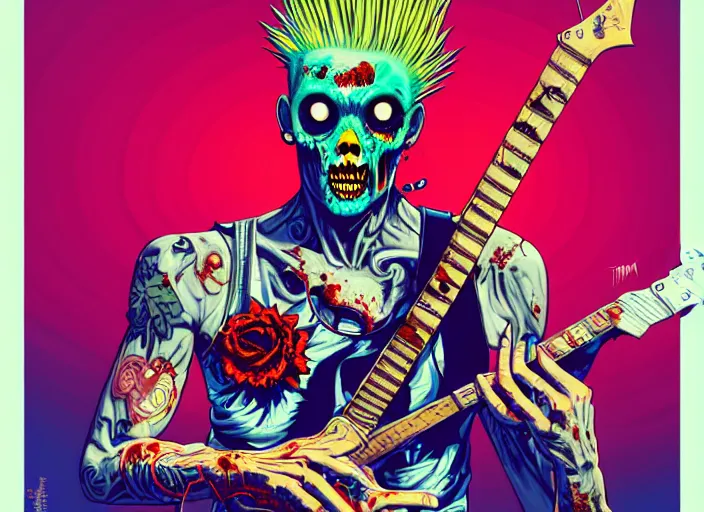 Image similar to a zombie punk rocker with a mohawk playing electric guitar, tristan eaton, victo ngai, artgerm, rhads, ross draws, rule of thirds by francis tneh