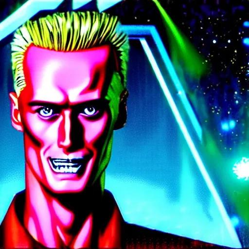 Image similar to uhd hyperrealistic photorealisitc detailed image of cosmic max headroom with sparking, busted, broken cybernetic implants, correct face, matt frewer as max headroom by ayami kojima, akira toriyama, and shonen jump.