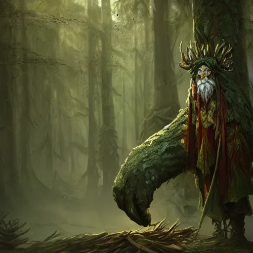 Prompt: A beautiful ultradetailed concept art of an old druid made of wood in a shady forest, concept art, 4K, by Daisuke Satake and Darek Zabrocki