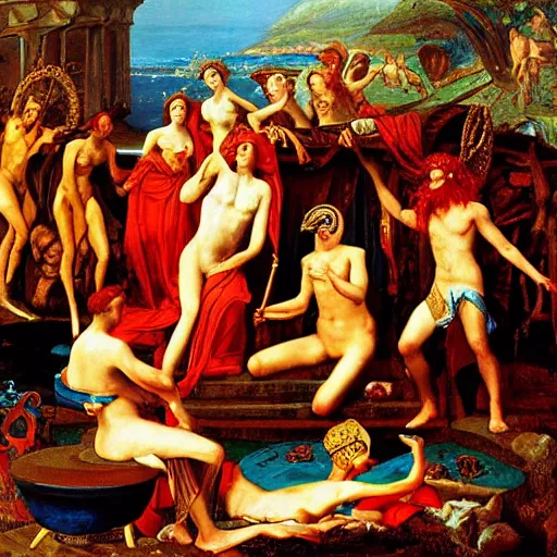 Image similar to circe of the odyssey, art by hubert van eyck