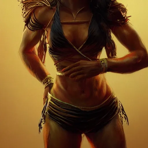 Image similar to proud muscular female turkish dancer girl on haerm, portrait by Cedric Peyravernay, highly detailed, excellent composition, cinematic concept art, dramatic lighting, trending on ArtStation