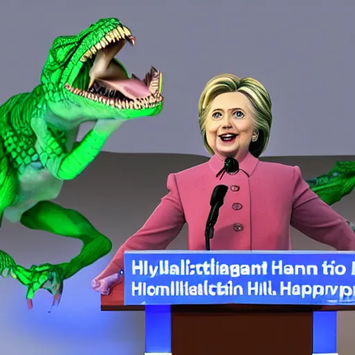 Image similar to hillary clinton as a humanoid reptile at podium hyperrealistic 3 d art volumetric lighting