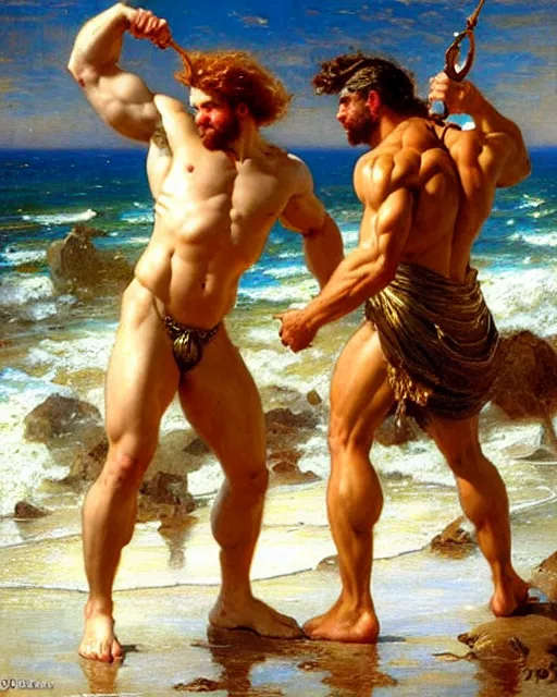 Image similar to muscular god neptune and muscular poseidon frolicking on the shore, painting by gaston bussiere, craig mullins, j. c. leyendecker,