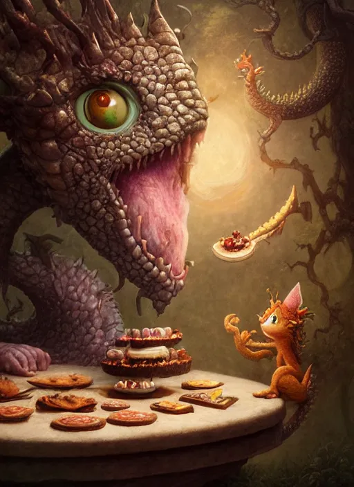 Image similar to highly detailed closeup portrait of a fairytale dragon eating cakes, unreal engine, nicoletta ceccoli, mark ryden, earl norem, lostfish, hyung tae, frank frazetta, global illumination, detailed and intricate environment