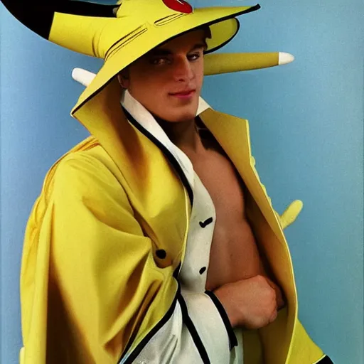 Prompt: elegant man dressed up as pikachu, art photo by Annie Liebovitz and Alphonse Mucha