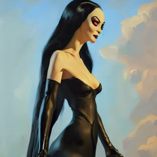 Image similar to greg manchess portrait painting of morticia from addams family as overwatch character, medium shot, asymmetrical, profile picture, organic painting, sunny day, matte painting, bold shapes, hard edges, street art, trending on artstation, by huang guangjian and gil elvgren and brom