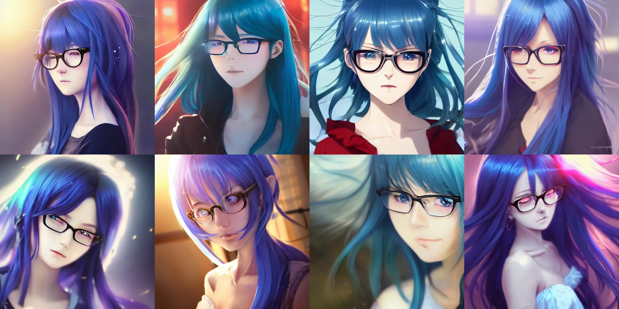 Prompt: very beautiful anime girl with glasses, long blue hair, azure blue watery eyes, full round face, seductive over the shoulder glances, lens flare, cinematic lighting, medium shot, mid-shot, highly realistically detailed, trending on pixiv, Unreal Engine 4k, Stanley Artgerm Lau, WLOP, Rossdraws, Marc Simonetti, Sakimichan