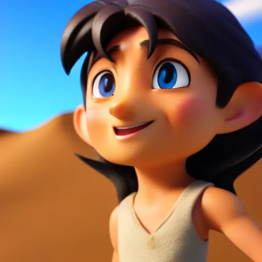 Image similar to profile view of young aladdin as nendoroid walking in a desert in the croods movie style, anime, disney, pixar, 8 k, hd, dof, kodak film, volumetric lighting, subsurface scattering, photorealistic, octane render, details