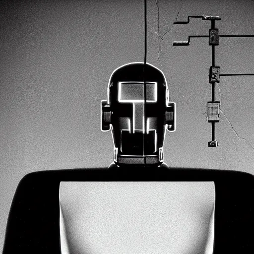 Image similar to movie scene of a man with a robot head, movie still, acting, cinematic composition, cinematic lighting, Movie by David Lynch and Andrzej Żuławski