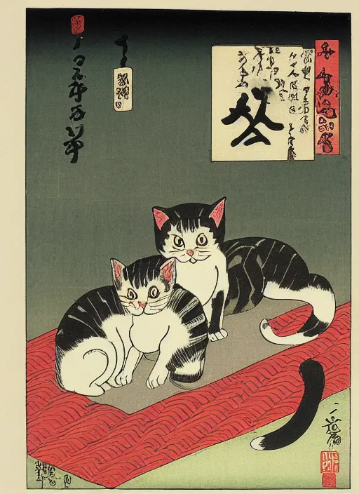 Image similar to a cat with 2 baby cats of utagawa hiroshige