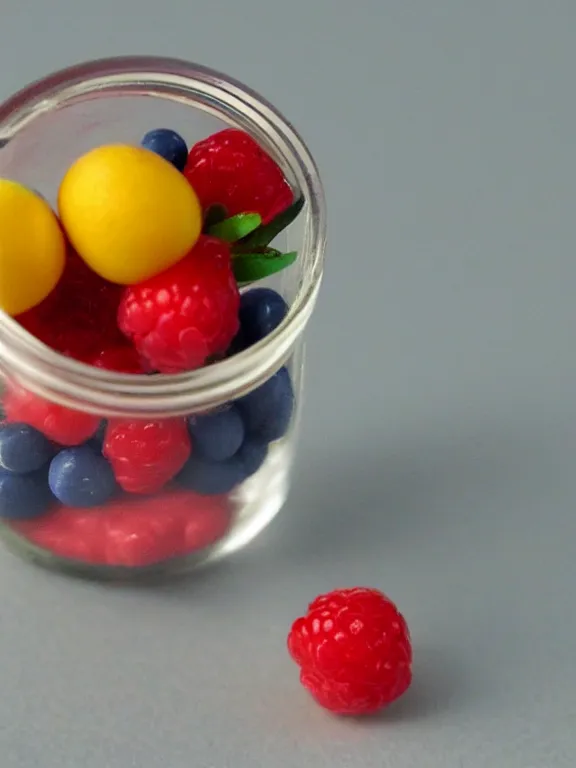 Image similar to 3 5 mm detailed miniature diorama of plastic jar of yogurt filled with fruits