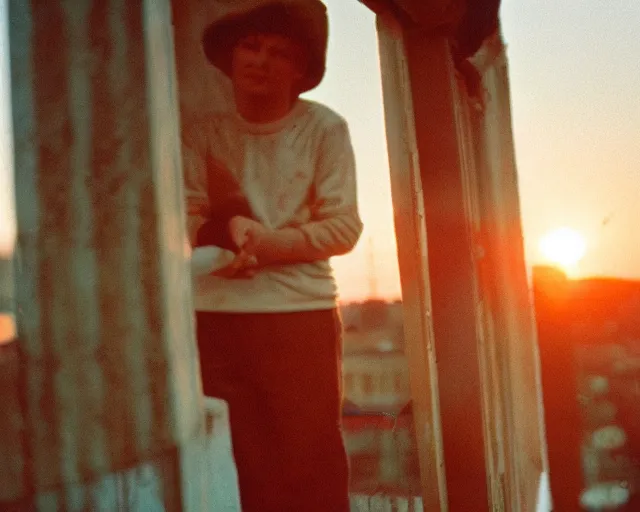 Image similar to lomo photo of pair standing on small hrushevka balcony full with cigarette smoke in small russian town looking at sunset, cinestill, bokeh