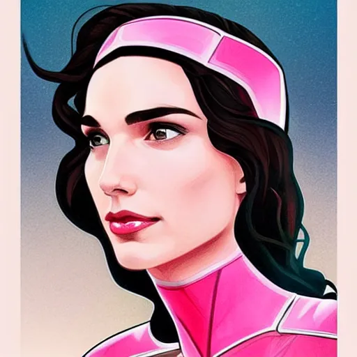 Image similar to a streamline moderne painting of gal gadot as the pink power ranger in the style of charlie bowater, and in the style of alphonse mucha. symmetry, smooth, sharp focus, semi - realism, intricate detail.