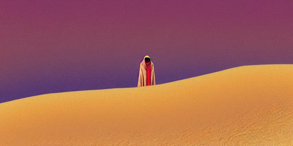 Image similar to android in cloak standing in dunes illustration by moebius