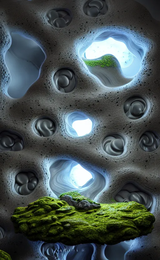 Image similar to highly detailed ultra sharp 3 d render cinematic composition of a smooth ceramic porcelain biomorphic magnolia stone nebula fluid fractal sci - fi surreal architecture landscape, granite, metallic, magnesium, marble, moss and lichen, vincent callebaut composition, mamou - mani, archviz, beautiful lighting, 8 k, unreal engine, hdr,