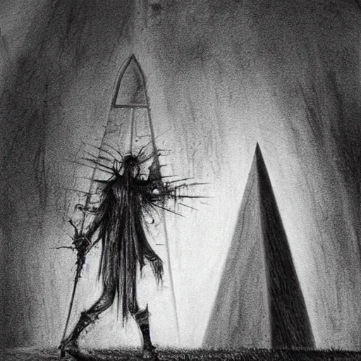 Image similar to Black and white drawing of Pyramid Head, Stephen Gammell style, evil, high detail, Scary Stories