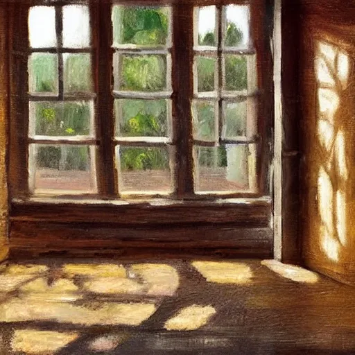 Prompt: oil painting of mostly empty cottage interior with one small window with sunlight shining on the floor. artistic. cozy. wooden floor. rustic