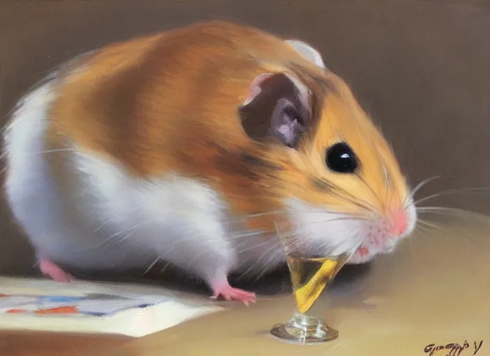 Image similar to a highly detailed beautiful portrait of a cute hamster drinking beer, by gregory manchess, james gurney, james jean