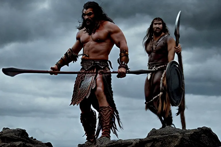 Image similar to film still from conan the barbarian, jason momoa as conan, wearing royal crimson fantasy ornate spartan dragon scale armor, volumetric lighting, wet skin and windblown hair, muscular!!!, battle action pose, ridley scott, high contrast