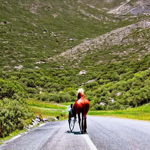 Image similar to horse on bicycle in the mountains