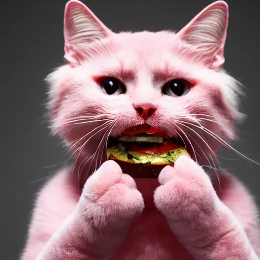 Image similar to photo of a pink cat with pink fur, eating a hamburger, biting a hamburger-C 12