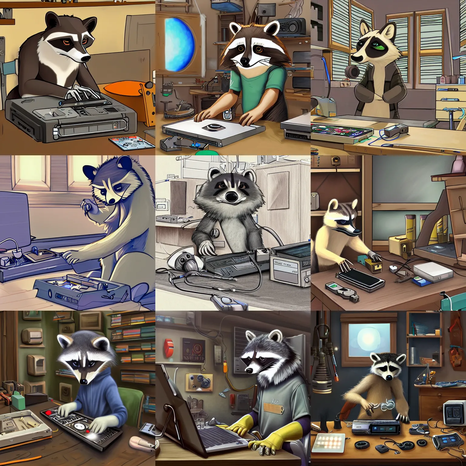 Prompt: FurAffinity art of an anthro raccoon in his workshop tinkering with electronics, realistic shading, trending on FurAffinity