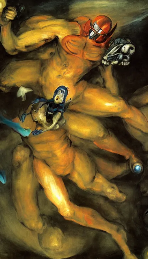 Image similar to samus devouring her metroid child a mural by francisco goya, painting by salvador martinez cubells, 4 k, high quality