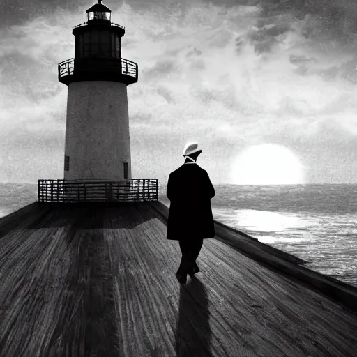 Image similar to Live Action Still of Jerma985 in a film as a Lighthouse Keeper with an overcoat, hat, and beard, black and white, hyperrealistic, ultra realistic, realistic, highly detailed, epic, HD quality, 8k resolution, body and headshot, film still