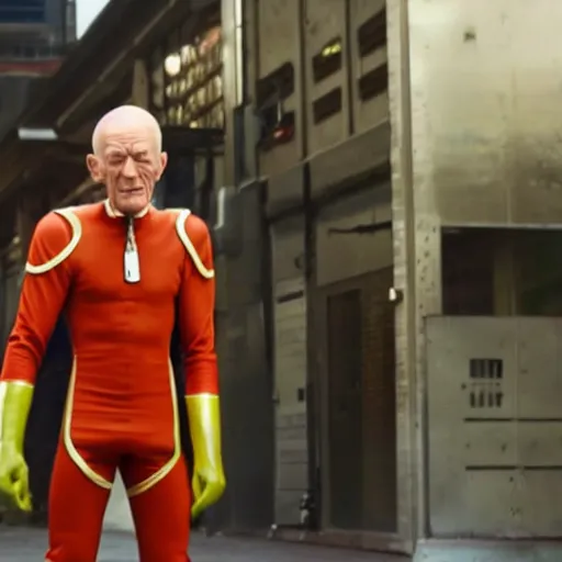 Image similar to film still, full body action shot of ian mckellen playing saitama dressed in the one punch man costume