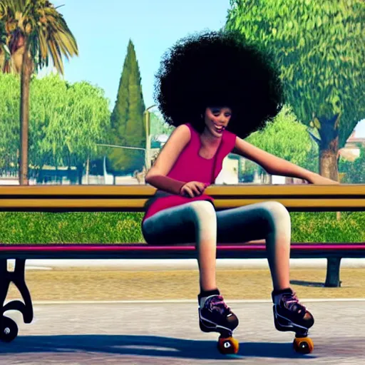 Prompt: A woman with an afro sitting on a park bench putting on roller skates in the style of GTA V 4K