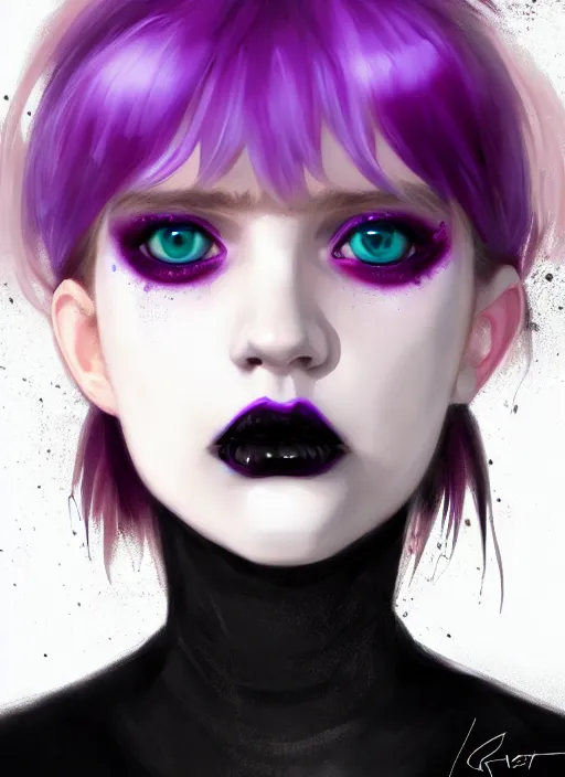 Image similar to portrait of white teenage girl, normal face, white bangs, mall goth, cyberlox, black and white hair, bangs, fluffy bangs, red contact lenses, purple lipstick, intricate, elegant, highly detailed, digital painting, artstation, concept art, sharp focus, smooth, illustration, art by wlop, mars ravelo and greg rutkowski