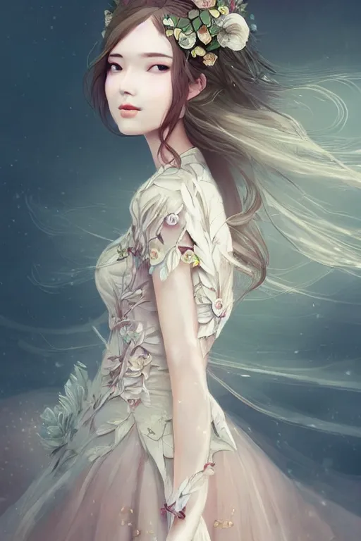 Image similar to romantic and fashion and love princess of the flower with sheath dress, 8 k realistic, teenager girl, baroque, symmetrical, flowing hair, smile, trending pinterest and pixiv, muted colors, hyperrealistic, l close up shot, character concept art, face by kyoung hwan kim, alexandra fomina, ilya kuvshinov