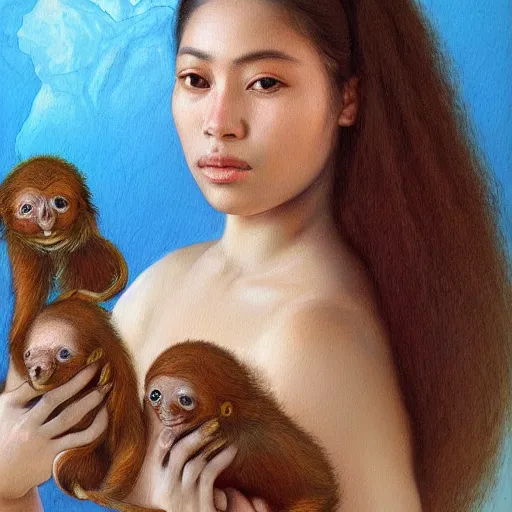 Prompt: a ultradetailed beautiful painting of ( ( ( ( a latina brazilian venezuelan young woman holding several small monkeys in the amazonas ) ) ) ) by cheng hsiao - ron, ngai victo, jean delville by wlop and dougherty patrick, trending on artstation