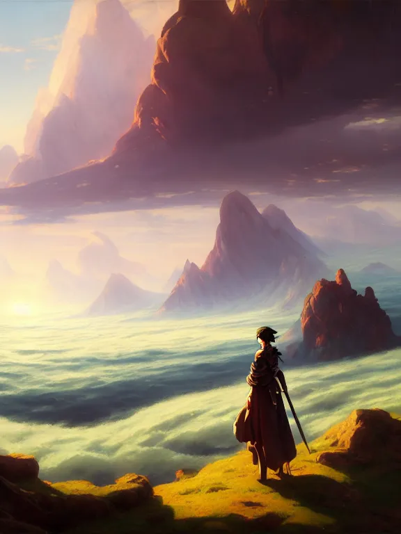 Prompt: classical oil painting of anime key visual environment concept art of wanderer above the sea of fog 1 8 1 8 but figure is anime girl, grimdark fantasy, trending on artstation, brush strokes, oil, canvas, style of kawacy makoto shinkai jamie wyeth james gilleard edward hopper greg rutkowski, preserved historical