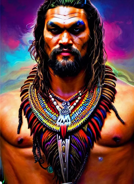 Image similar to portrait of jason momoa, hyper detailed ultra sharp aztec shaman warrior. trending on artstation, warpaint aesthetic, bloodwave, colorful, psychedelic, ornate, intricate, digital painting, concept art, smooth, sharp focus, illustration, art by artgerm and greg rutkowski and h. r. giger, 8 k