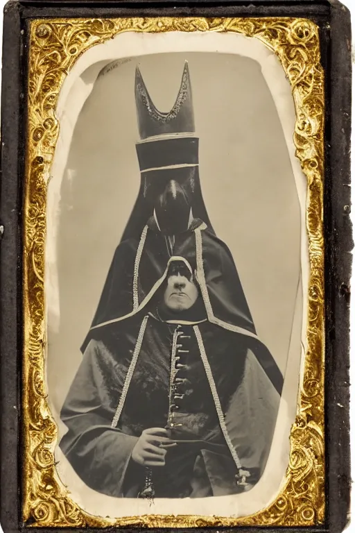 Image similar to a wet plate photo of an anthropomorphic ostrich dressed as pope