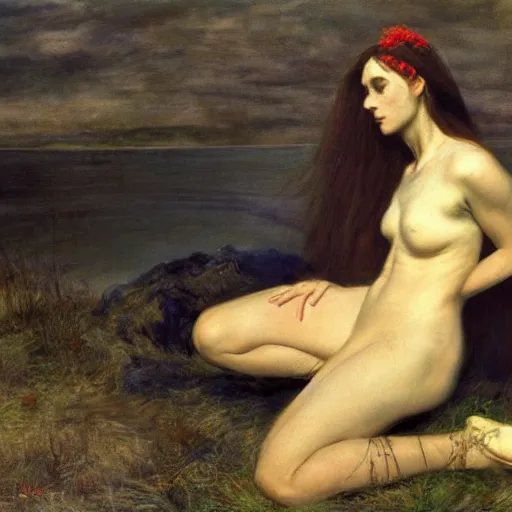 Prompt: salome, wind kissed pictures, ashes, lament, photorealism, hyper - realism, by millais,