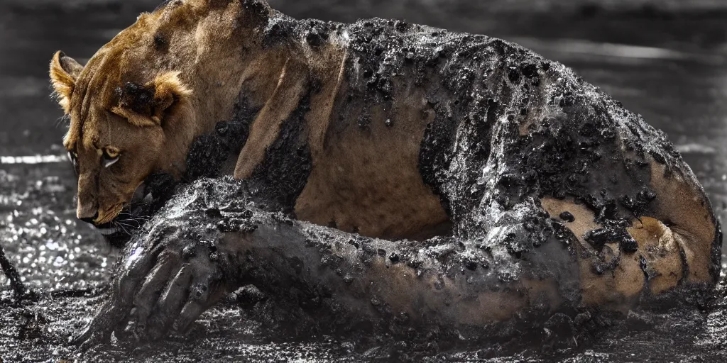 Image similar to a black ferrofluid lioness made of ferrofluid bathing inside the tar pit, full of tar, covered with ferrofluid. dslr, photography, realism, animal photography, color, savanna, wildlife photography